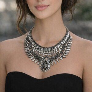 Layered Statement Silver Crystal Necklace